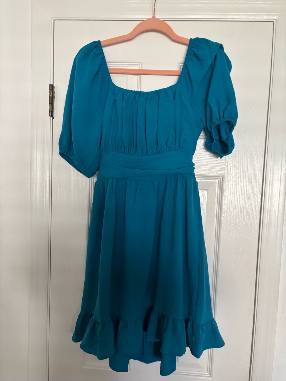 Teal Puff-Sleeve Waistband Dress